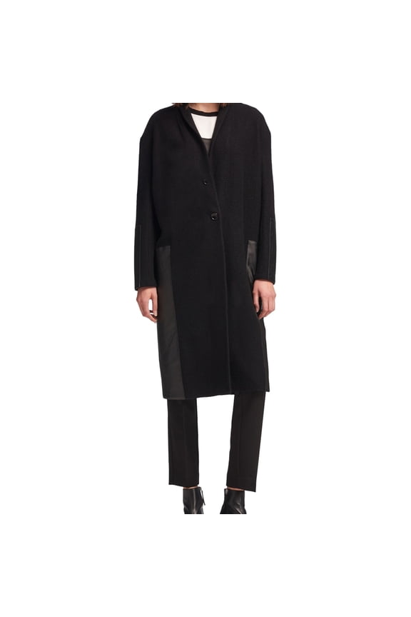 Womens Faux-Leather Trim Coat, Black, Medium