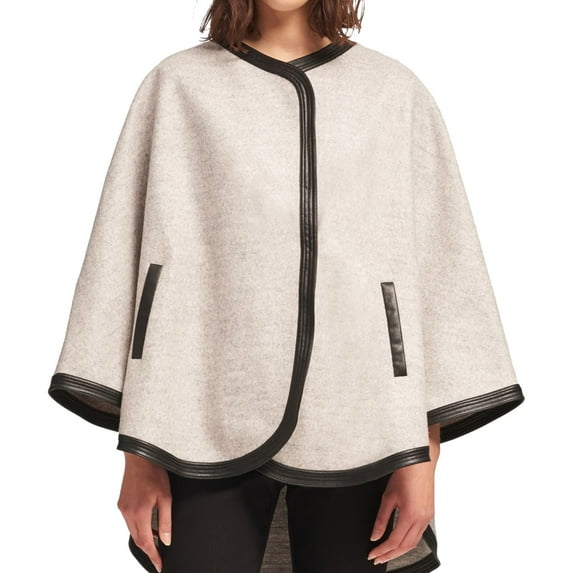 DKNY Womens Faux Leather Trim Poncho Jacket, Grey, Small