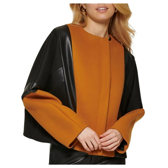 DKNY Womens Faux Leather Trim Short Motorcycle Jacket