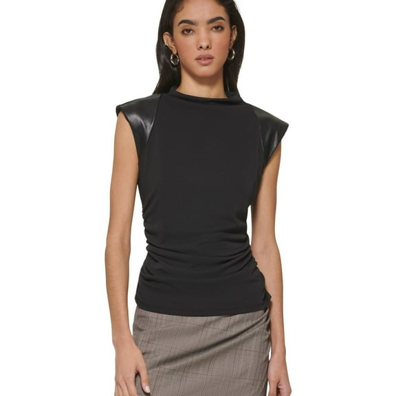 DKNY Womens Faux-Leather-Trim Knit Blouse, Black, X-Small