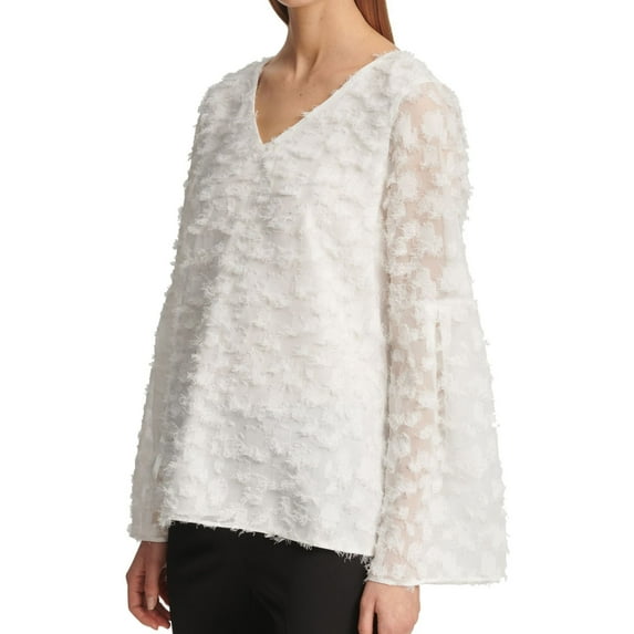 DKNY Womens Feathered Pullover Blouse, White, X-Large