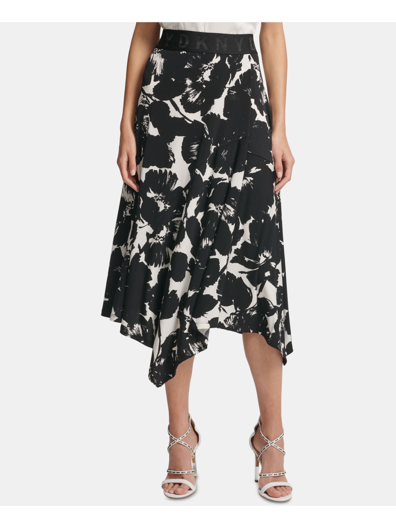 DKNY Womens Floral Print Logo Midi Skirt B/W XL