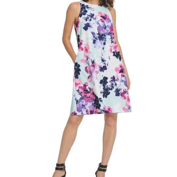DKNY Womens Floral Trapeze Dress, Green, 2