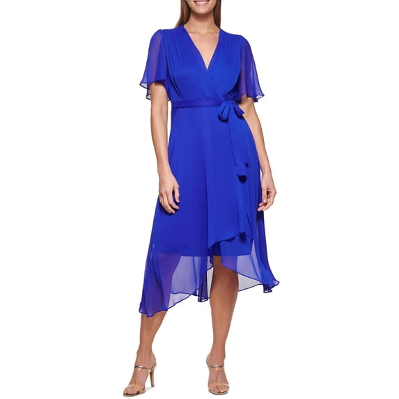 DKNY Womens Flutter Sleeve Midi Wrap Dress