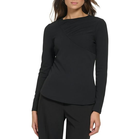 Women's Draped Crewneck Long Sleeve Knit Top Black L