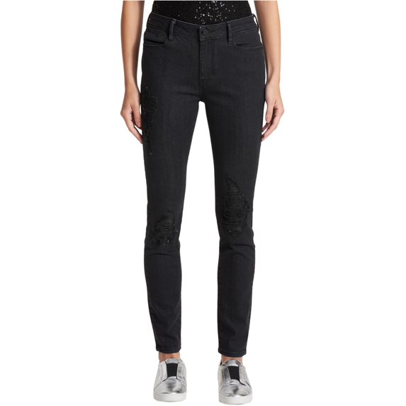 DKNY Womens Glitter Distressed Skinny Fit Jeans, Black, 26