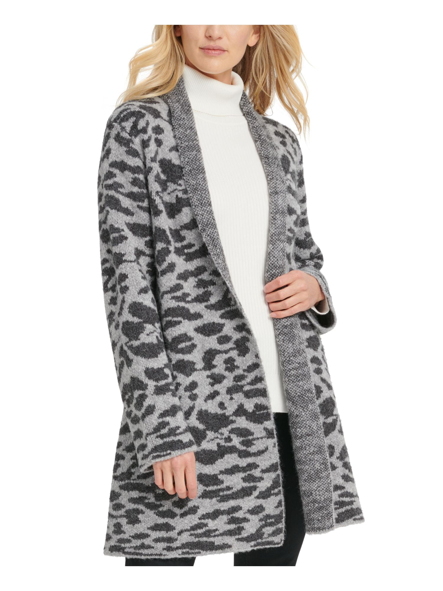 DKNY Womens Gray Animal Print Long Sleeve Open Cardigan Sweater M\L