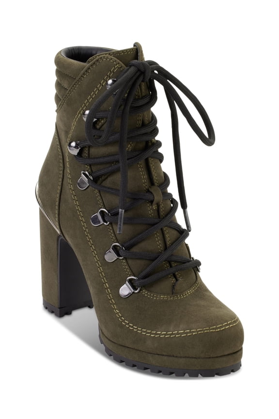 Womens Green Lug Sole Padded Lenni Round Toe Block Heel Lace-Up Dress Boots 5 M