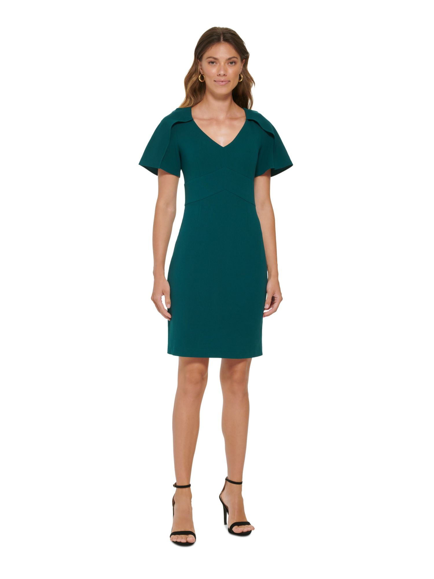 DKNY Womens Green Zippered Capesleeve Inset Waistband V Neck Above The Knee Wear To Work Sheath