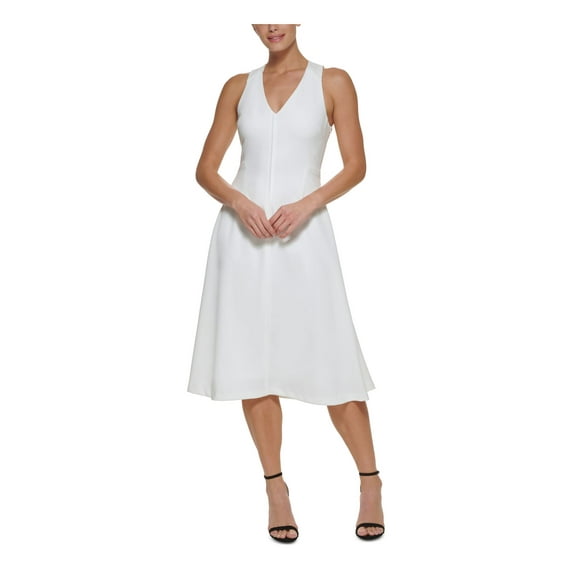 DKNY Womens Ivory Zippered Crisscross Back Lined Sleeveless V Neck Midi Fit + Flare Dress 14