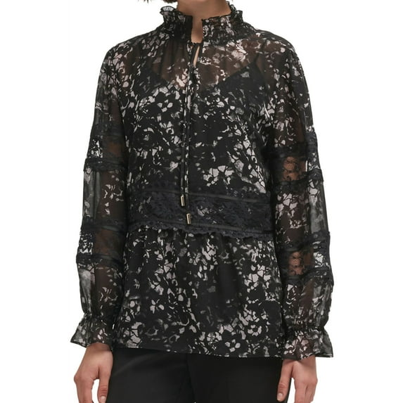 DKNY Womens Lace-Trim Pullover Blouse, Black, Medium