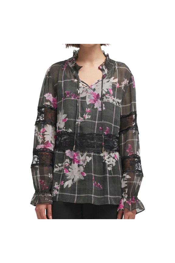 Womens Lace-Trim Pullover Blouse, Black, Medium