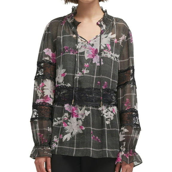 DKNY Womens Lace-Trim Pullover Blouse, Black, Medium