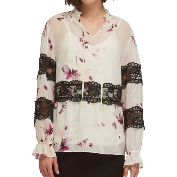 DKNY Womens Lace-Trim Pullover Blouse, White, X-Small