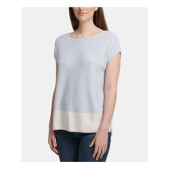 DKNY Womens Light Blue Color Block Cap Sleeve Crew Neck T-Shirt XS