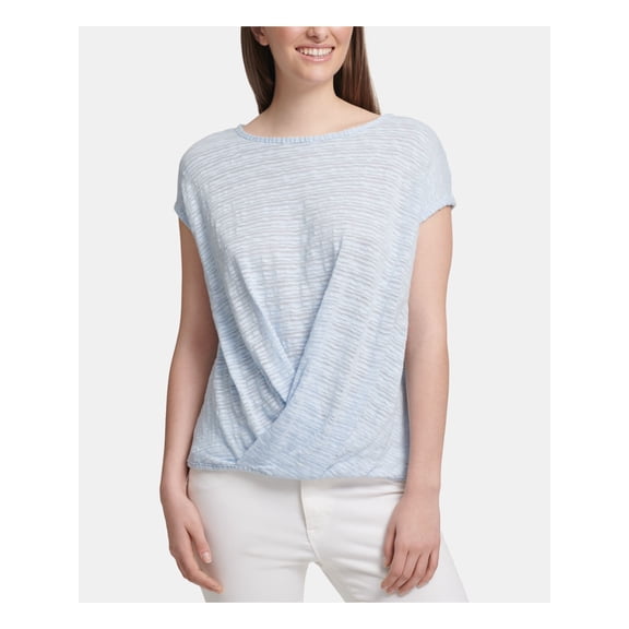 DKNY Womens Light Blue Heather Cap Sleeve Crew Neck Top Size: L