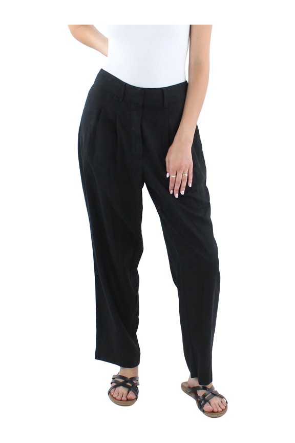 Women's Linen High Rise Straight Leg Pants Black 4