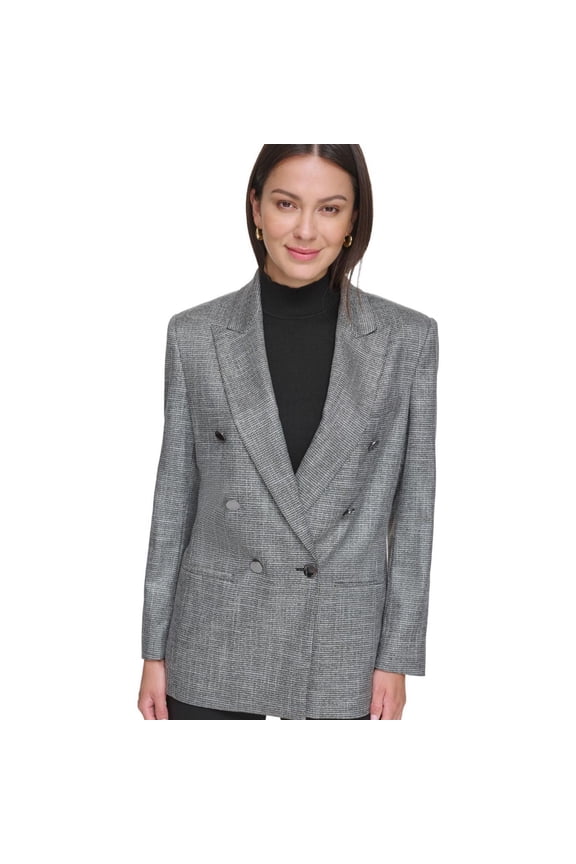 Womens Metallic Houndstooth Double Breasted Blazer Jacket, Grey, Large