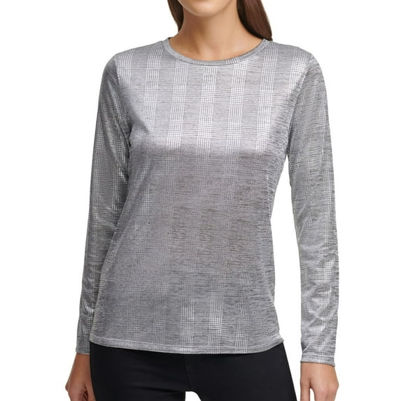 DKNY Womens Metallic Long Sleeves Blouse Silver XS