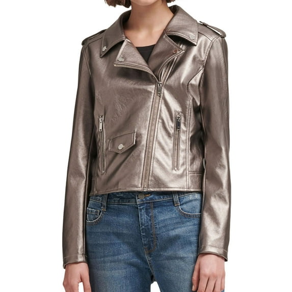 DKNY Womens Metallic Motorcycle Jacket, Metallic, X-Small