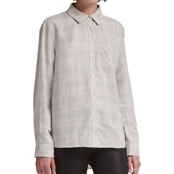 DKNY Womens Metallic Plaid Shirt X-Small XS Grey and Pale Pink