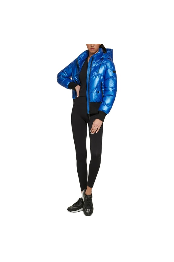 Womens Metallic Puffer Jacket, Blue, XX-Large