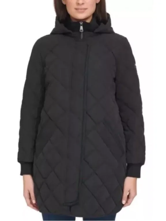Womens Mid Length Quilted coat/Jacket with Hood Black Medium