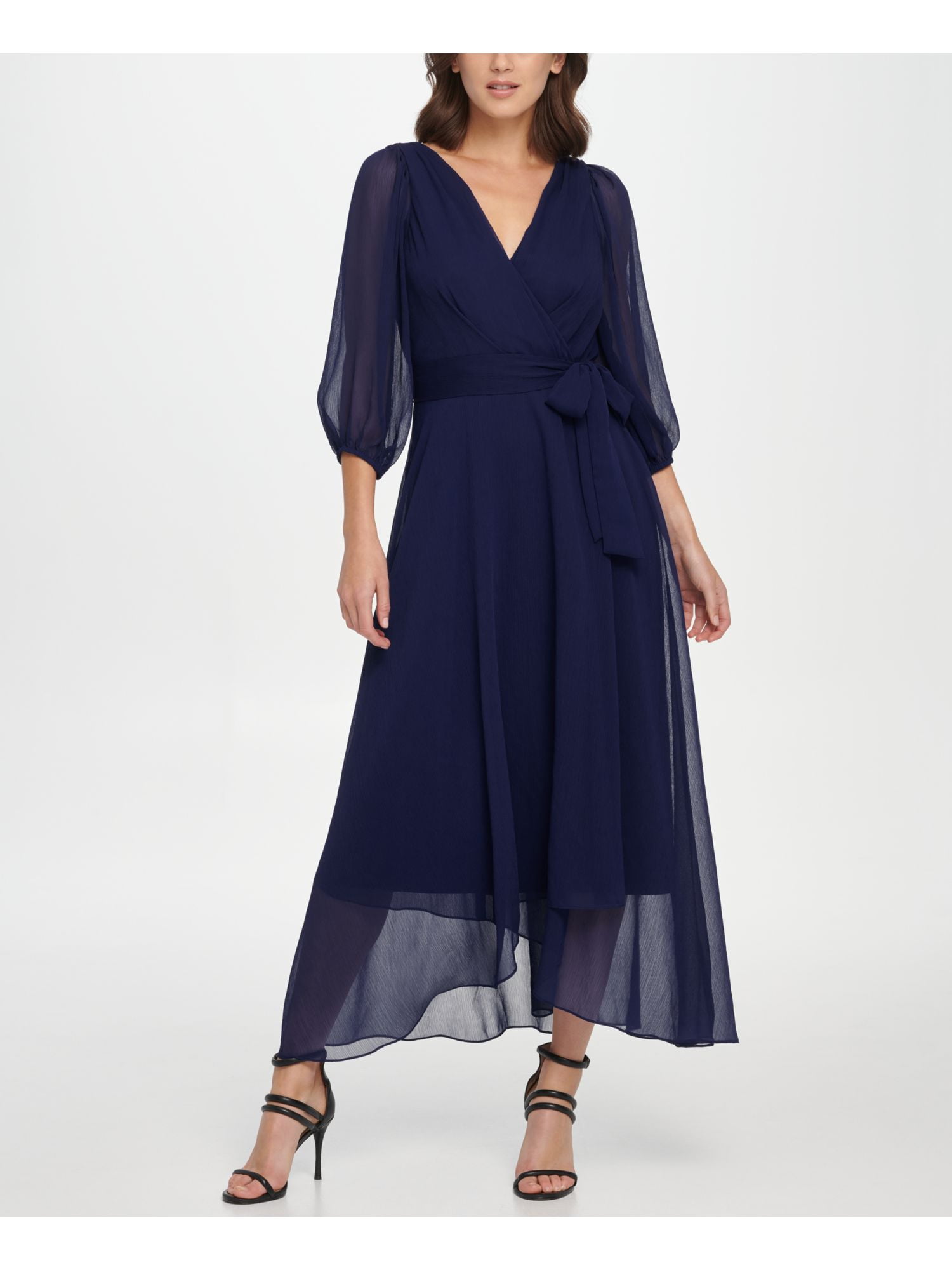 DKNY Womens Navy 3/4 Sleeve V Neck Midi Party Wrap Dress 4 - Walmart.com