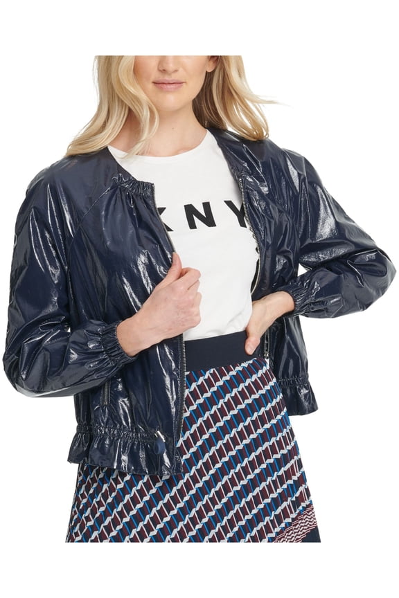 Womens Navy Faux Leather Bomber Jacket M
