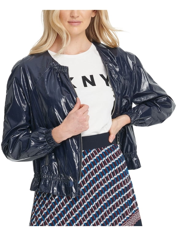 Womens Navy Faux Leather Bomber Jacket M