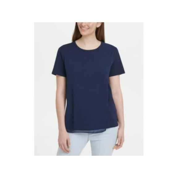 DKNY Womens Navy Lace Ruffled Short Sleeve T-Shirt M