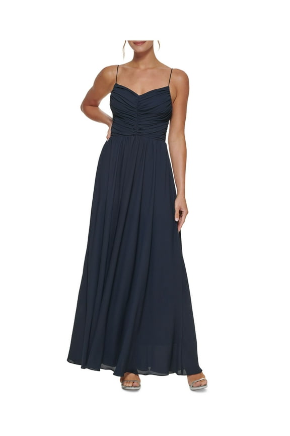 Womens Navy Ruched Zippered Lined Spaghetti Strap V Neck Full-Length Formal Gown Dress 6