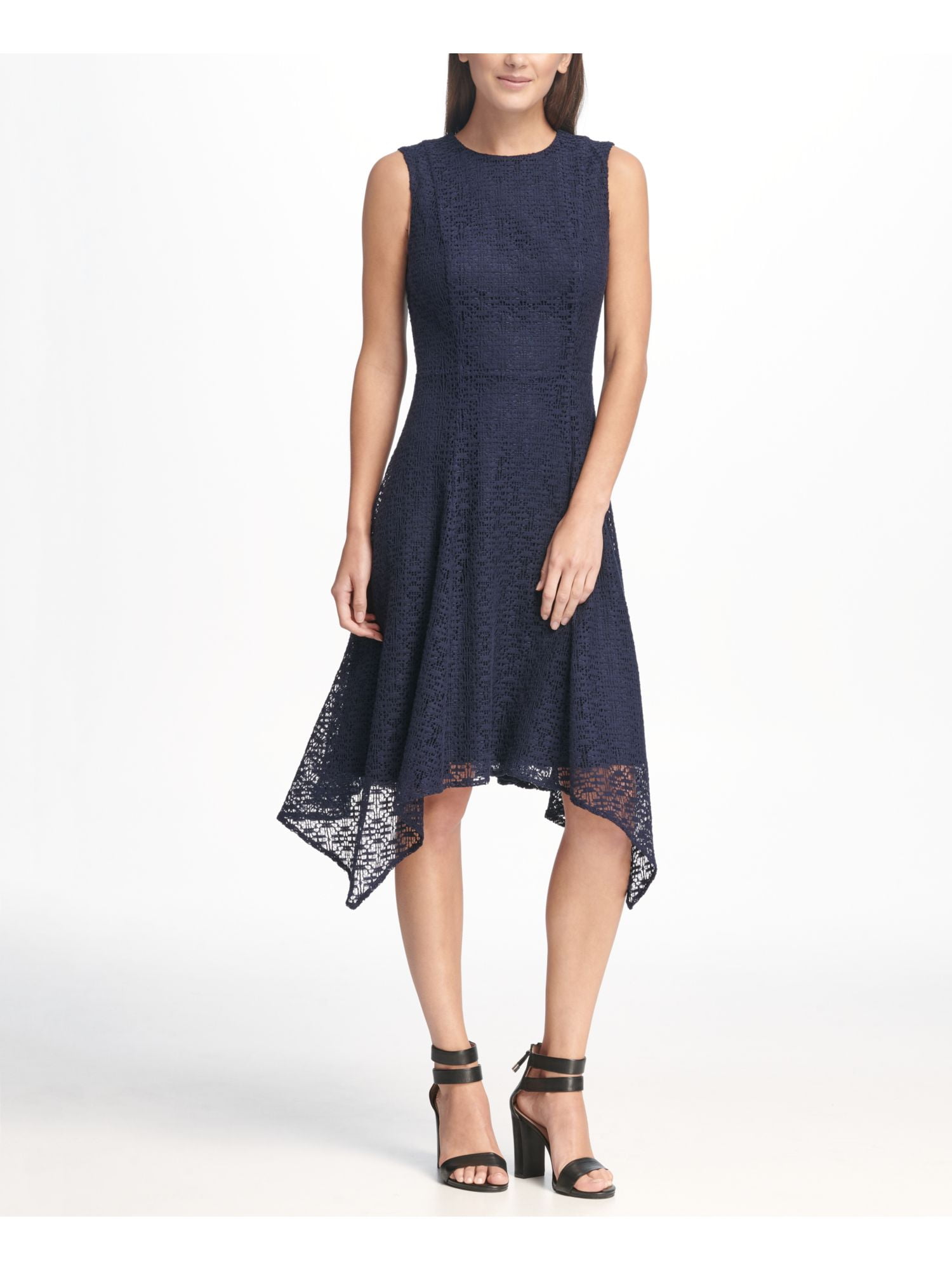 DKNY Womens Navy Sleeveless Jewel Neck Midi Sheath Evening Dress Size: 2