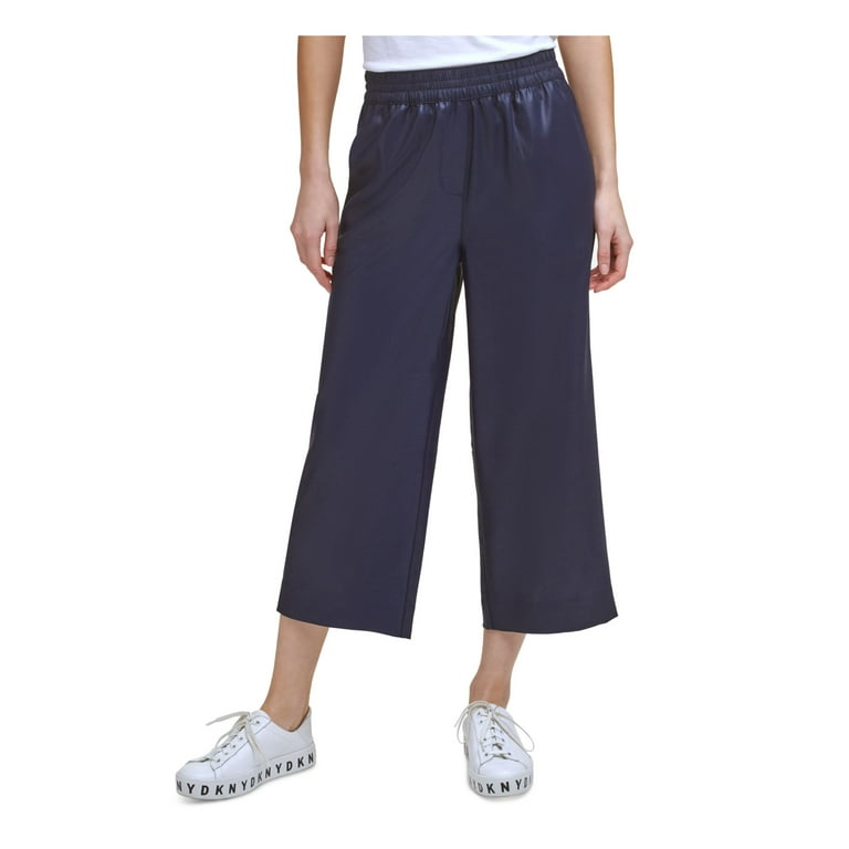 DKNY Womens Navy Stretch Pocketed Metallic Wide-leg Cropped Elastic-waist  High Waist Pants XXS 