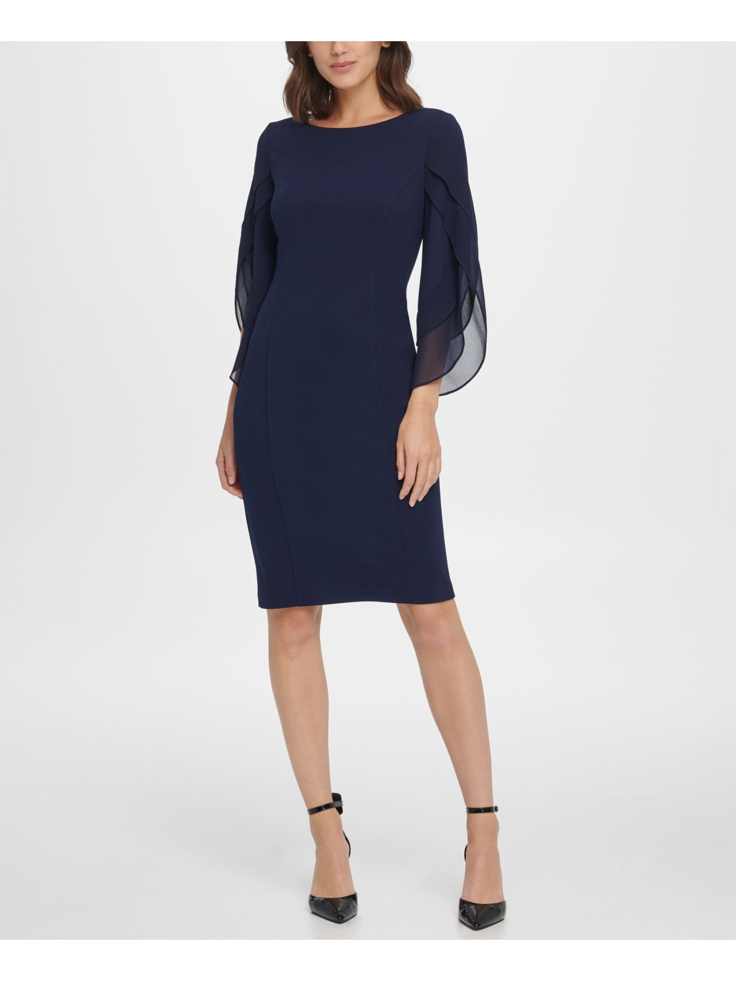 DKNY Womens Navy Zippered Petal Sleeve Jewel Neck Above The Knee Wear
