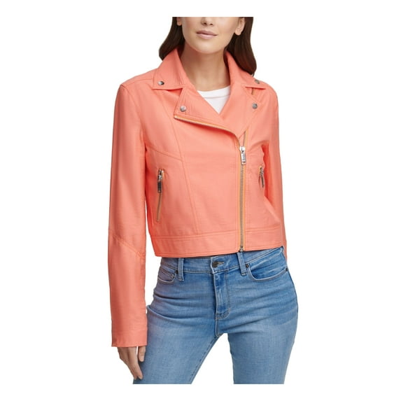 DKNY Womens Orange Zippered Pocketed Notch Lapel Motorcycle Jacket M