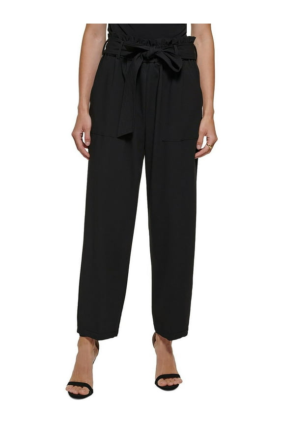 Womens Petites Belted High Rise Straight Leg Pants
