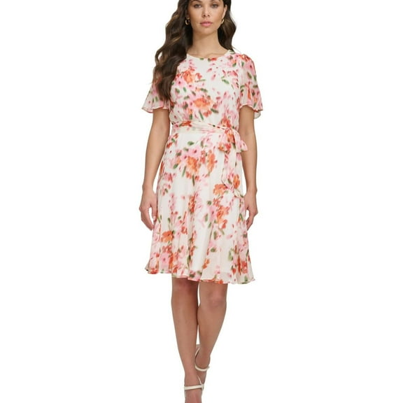 DKNY Womens Belted Gobet Jewel Fit & Flare Dress, Pink, Petite, 4P