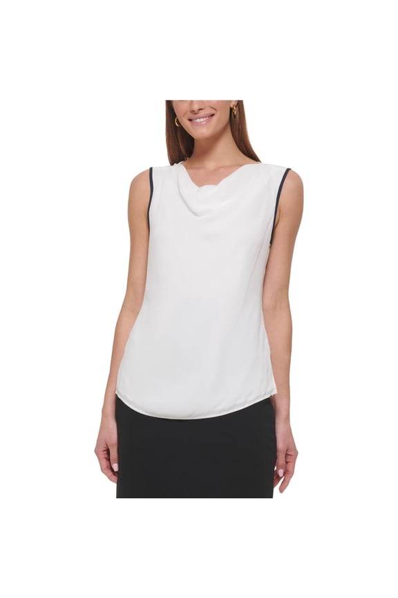 Womens Cowl Neck Contrast Trim Sleeveless Blouse Top, White, Petite, PP/PXS