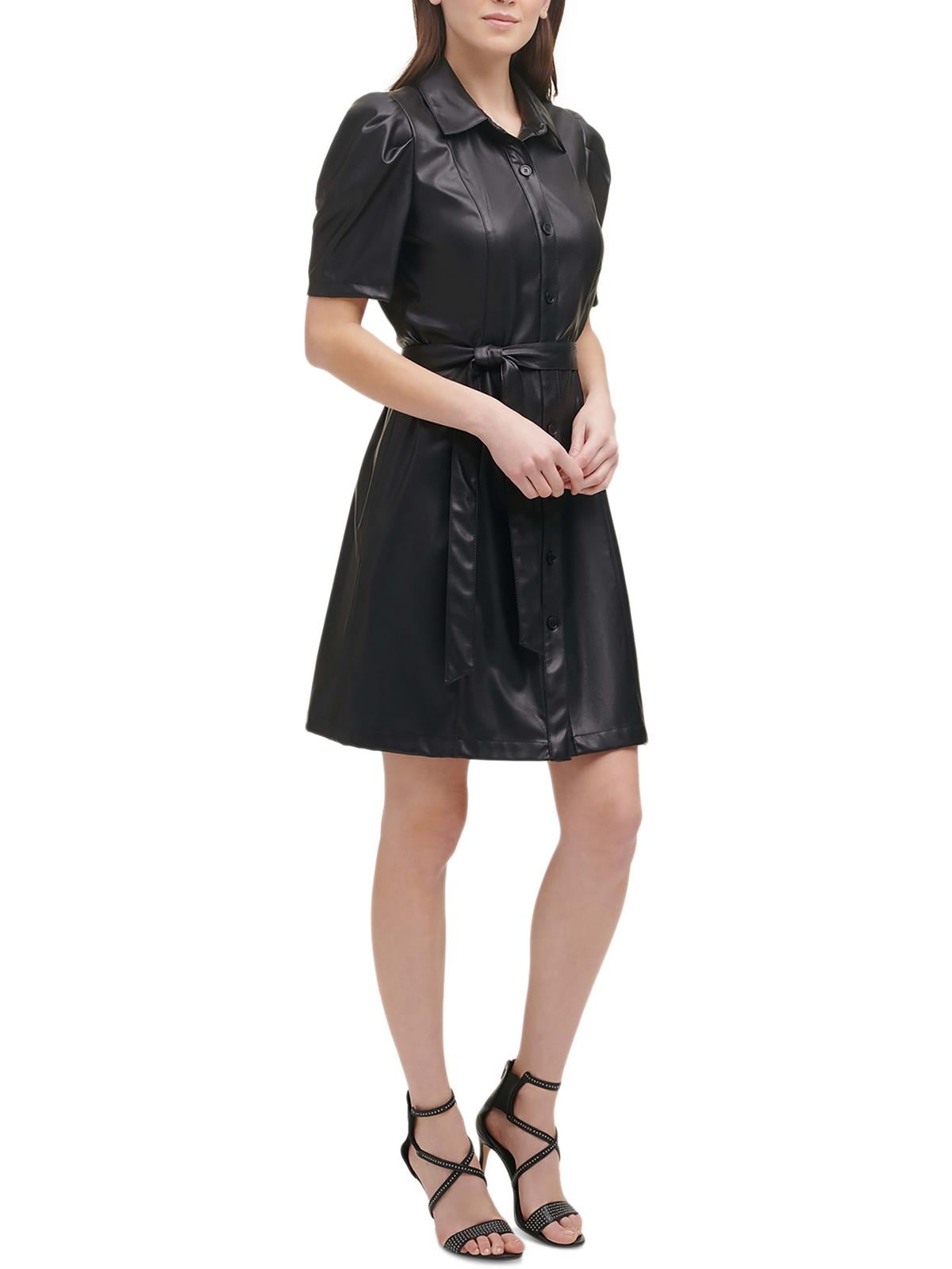 knee length dresses for ladies Long Sleeve Faux Leather Midi Shirt Dress