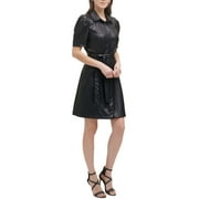 DKNY Womens Petites Faux Leather Belted Shirtdress