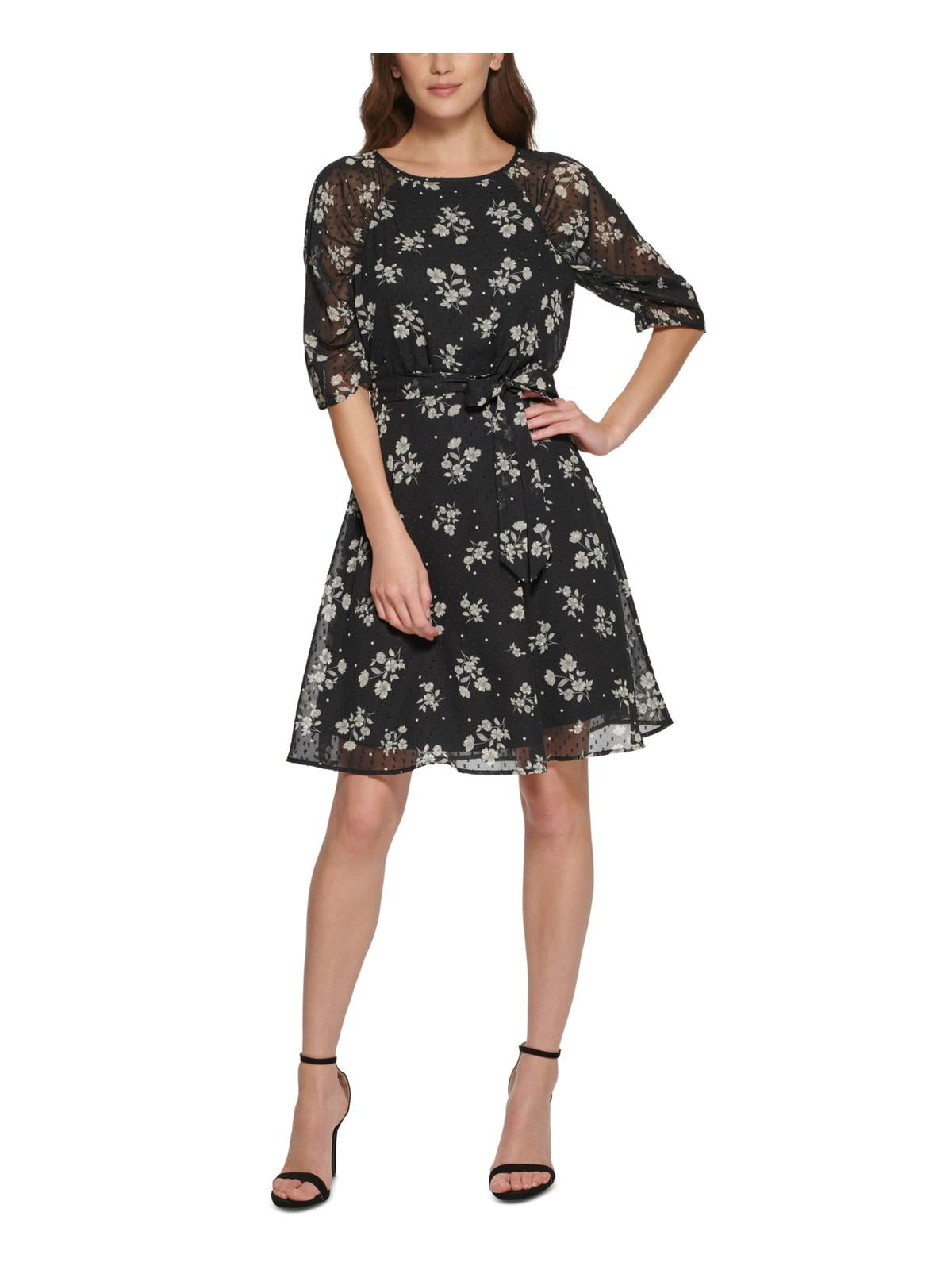 dkny floral fit and flare dress DKNY Women's Short Sleeve Tie Waist Floral Print Fit and Flare Dress