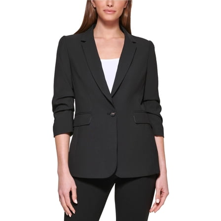 DKNY Womens Madison Rayon Cinched Sleeve One Button Blazer Jacket, Black, Petite, 4P