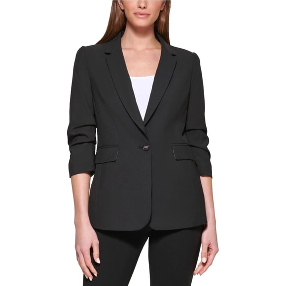 DKNY Womens Madison Rayon Cinched Sleeve One Button Blazer Jacket, Black, Petite, 4P