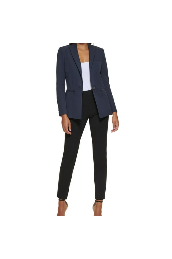 Womens Zipper Pocket One Button Blazer Jacket, Blue, Petite, 6P
