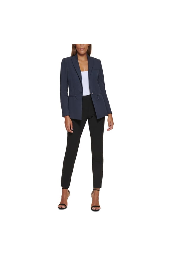 Womens Zipper Pocket One Button Blazer Jacket, Blue, Petite, 6P