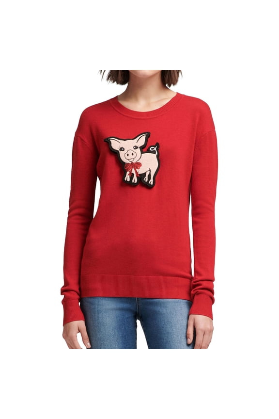 Womens Pig Patch Pullover Sweater, Red, X-Large