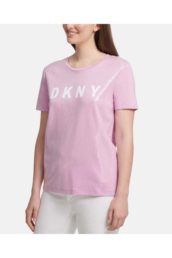 Womens Pink Sequined Printed Short Sleeve Crew Neck T-Shirt Size: L