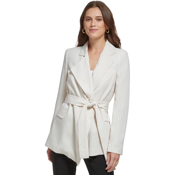 DKNY Womens Pinstriped Belted Jacket Eggnogblack 16