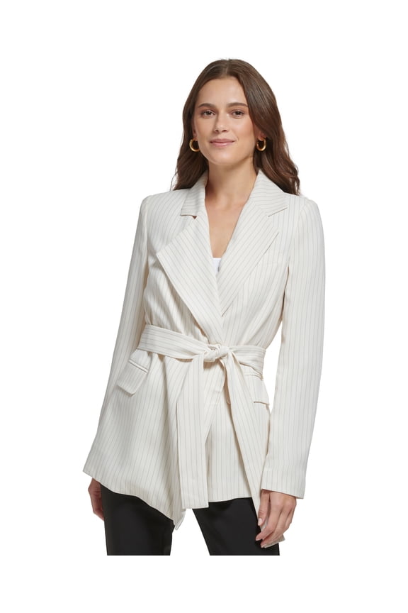 Womens Pinstriped Belted Jacket Eggnogblack 16